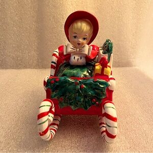 Lefton Christmas Girl In Sleigh Figurine Geo Z.Lefton Vintage From 1956